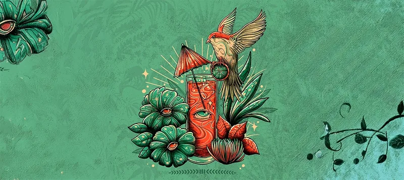 Arte de Jaibol Vol. II con un ave y una bebida sobre fondo verde