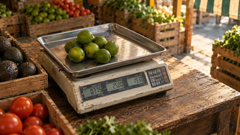 Báscula sobre un mostrador de mercado con frutas, vista en diagonal desde arriba con luz cálida