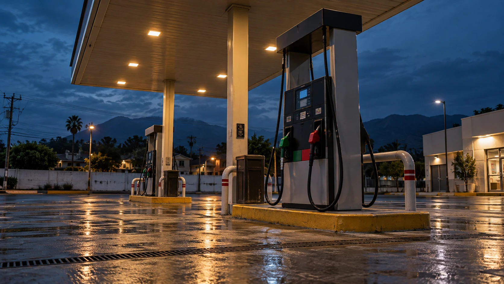 Estación de gasolina sin personas al anochecer, vista desde un ángulo bajo con reflejos de luz en el pavimento